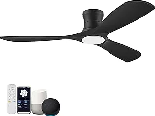 Flush mount smart ceiling fan with wood blades and matte black motor